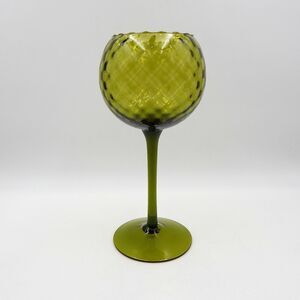Empoli Diamond Quilted Optic Olive Green Art Glass Goblet Vase 12 Inch Tall